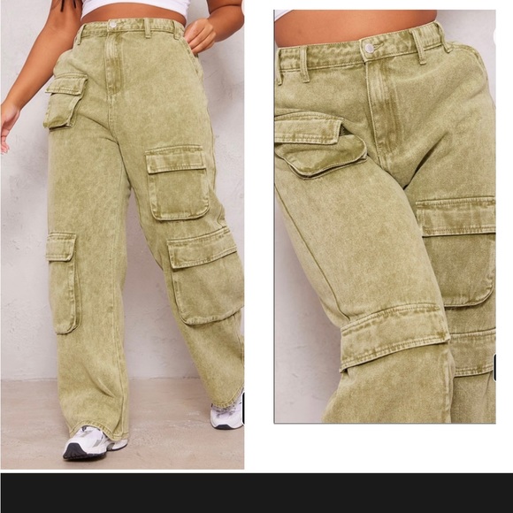 Pretty Little Thing Plus Khaki Cargo Denim Jeans *NEW* SIZE 18 (UK SZ 22) - Picture 2 of 4